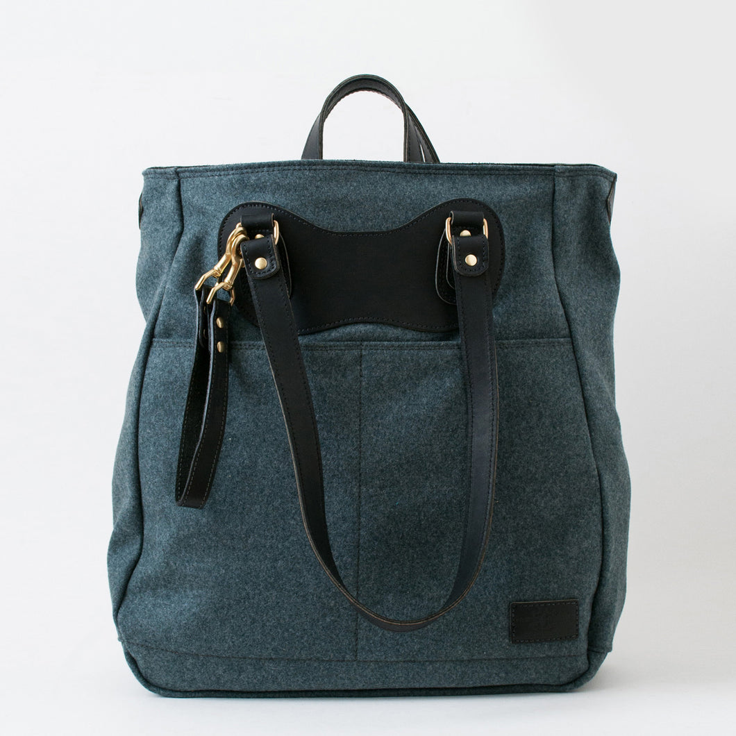 (SFS#2) RucTote in deadstock Swiss loden gray wool with black Horween leather trim