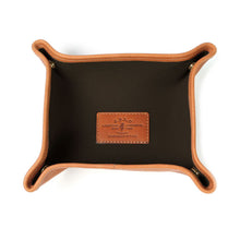 Load image into Gallery viewer, Travel-stuff Tray in tan grain leather with black canvas inner