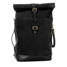 Load image into Gallery viewer, RollTote in black canvas with black leather trim