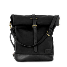 Load image into Gallery viewer, RollTote in black canvas with black leather trim
