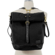 Load image into Gallery viewer, RollTote in black canvas with black leather trim