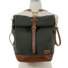 Load image into Gallery viewer, RollTote in olive canvas with tan leather trim
