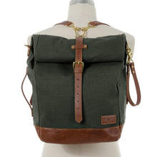 Load image into Gallery viewer, RollTote in olive canvas with tan leather trim