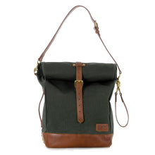 Load image into Gallery viewer, RollTote in olive canvas with tan leather trim