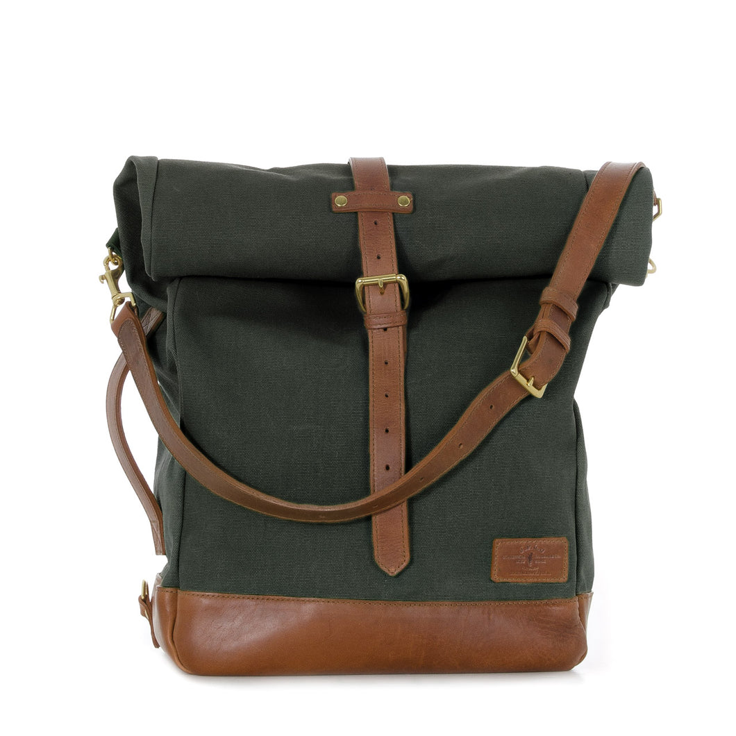 RollTote in olive canvas with tan leather trim