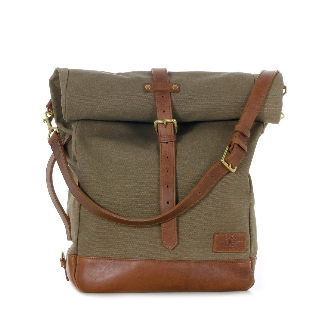 RollTote in sand canvas with tan leather trim
