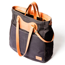 Load image into Gallery viewer, RucTote in black canvas with tan leather trim