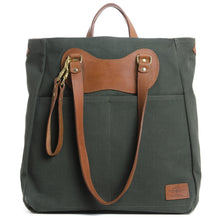 Load image into Gallery viewer, RucTote in olive canvas with tan leather trim