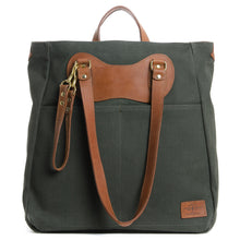 Load image into Gallery viewer, RucTote in olive canvas with tan leather trim
