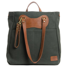 Load image into Gallery viewer, RucTote in olive canvas with tan leather trim