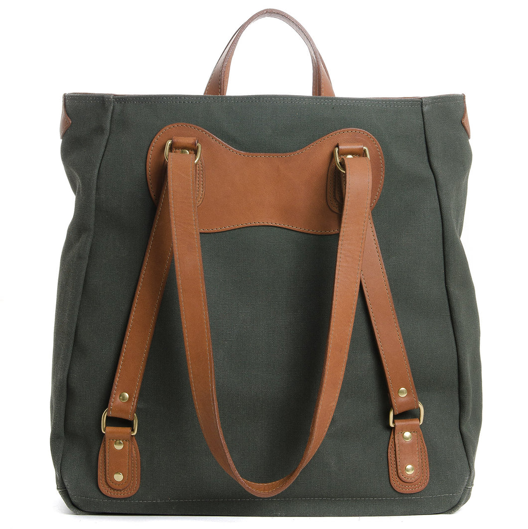 RucTote in olive canvas with tan leather trim