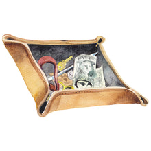 Load image into Gallery viewer, Travel-stuff Tray in tan grain leather with sand canvas inner

