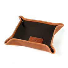 Load image into Gallery viewer, Travel-stuff Tray in tan grain leather with black canvas inner
