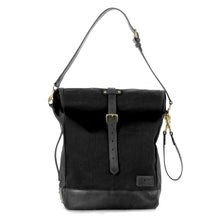 Load image into Gallery viewer, RollTote in black canvas with black leather trim

