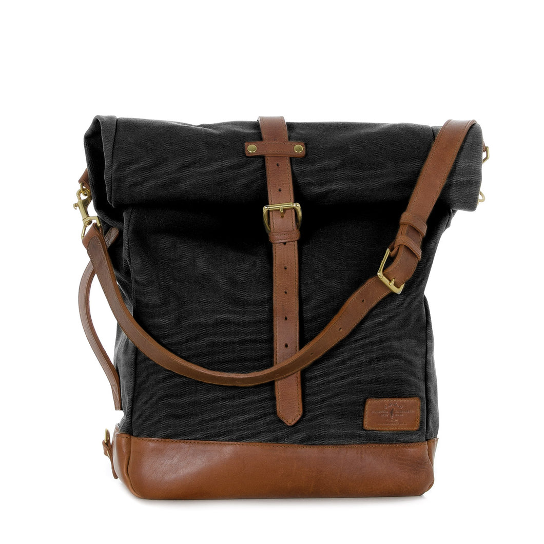 RollTote in black canvas with tan leather trim